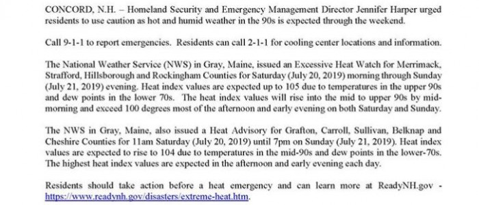 State of New Hampshire Department of Safety Press Release – Extreme Heat